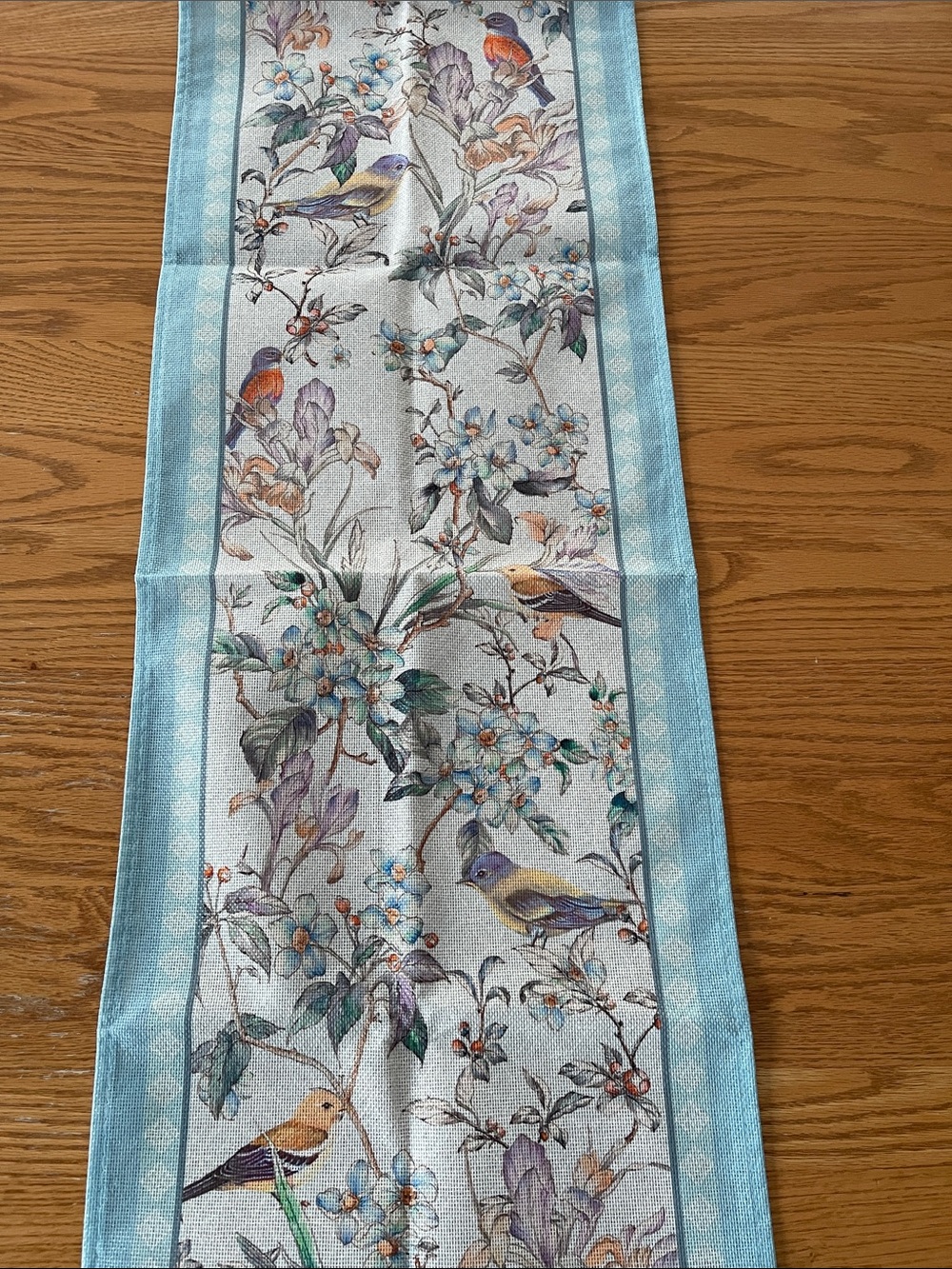 NEW Table Runner Woven Bird & Floral in Soft Blue🌼